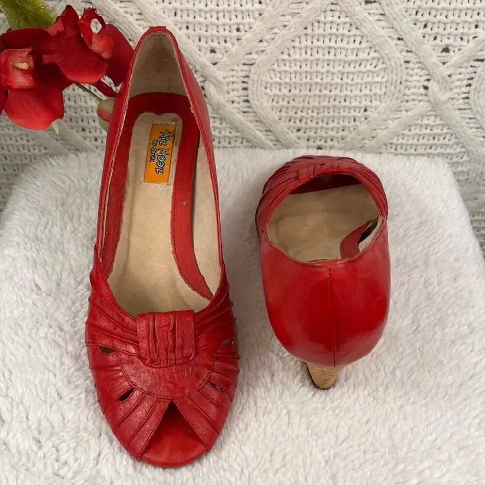 MIZ MOOZ BY‎ GAZITH Red Leather Peep Toe Cork Wedges Sandals Sz 6 Retro